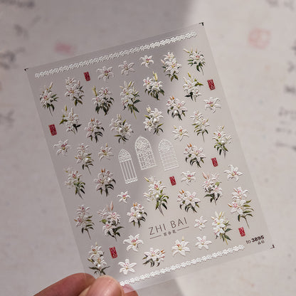 Vintage Lily Crystal Nail Stickers - Elegant 3D Floral Nail Art Decals with Sparkling Rhinestones