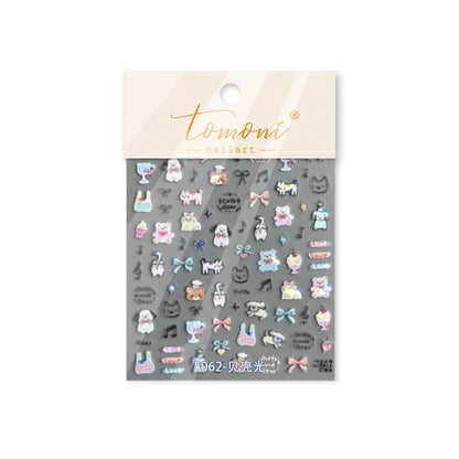 Kids Cartoon Doodle Nail Stickers with Iridescent Shell Glow - Fun Animal & Shape Designs, Non-Toxic Nail Decals for Children, Easy Peel-off Nail Art for Girls & Boys