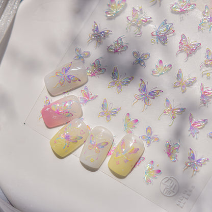 3D Colorful Butterfly Embossed Nail Stickers - Dimensional Flying Butterfly Nail Art Decals with Pearlescent Effects, Realistic Wing Textures for Women