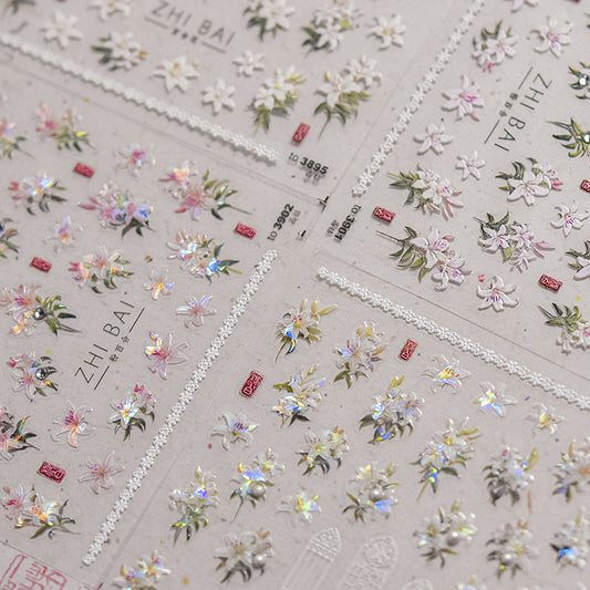 Vintage Lily Crystal Nail Stickers - Elegant 3D Floral Nail Art Decals with Sparkling Rhinestones