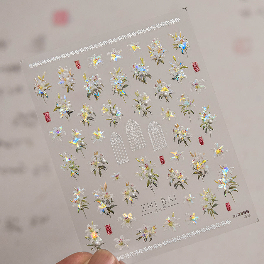 Vintage Lily Crystal Nail Stickers - Elegant 3D Floral Nail Art Decals with Sparkling Rhinestones