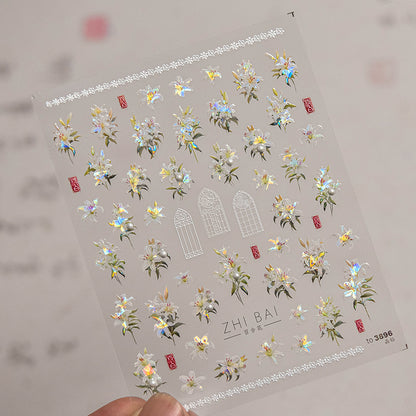 Vintage Lily Crystal Nail Stickers - Elegant 3D Floral Nail Art Decals with Sparkling Rhinestones