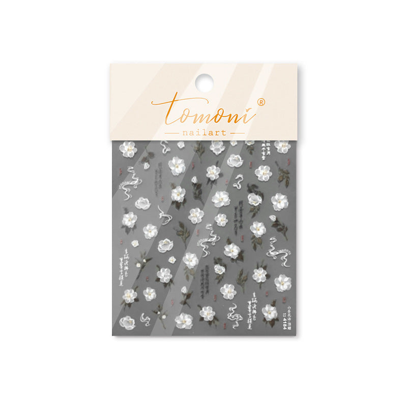 Vintage Camellia Embossed Nail Stickers - 3D Floral Nail Art Decals with Metallic Gold Accents, Romantic Blossom Designs for Women, Salon-Quality Manicure