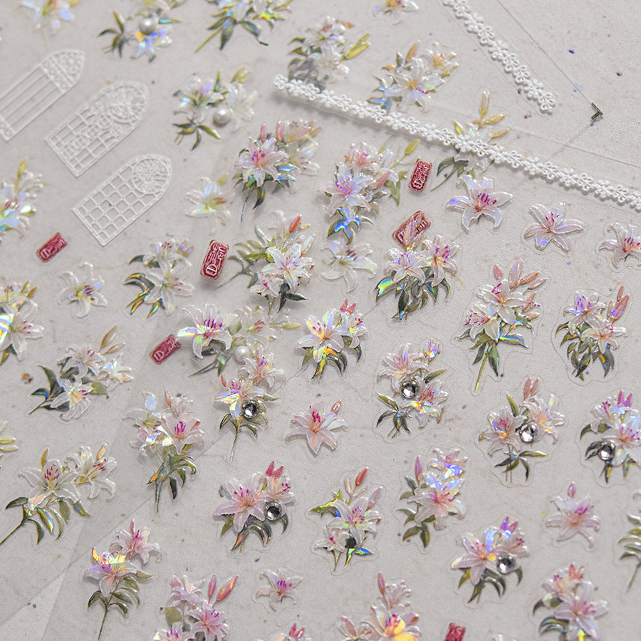 Vintage Lily Crystal Nail Stickers - Elegant 3D Floral Nail Art Decals with Sparkling Rhinestones