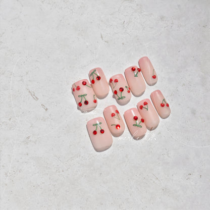 Adorable Cherry with Crystal Nail Stickers - 3D Sparkling Fruit Nail Art Decals with Jewel Accents, Sweet Summer Design for Women and Girls