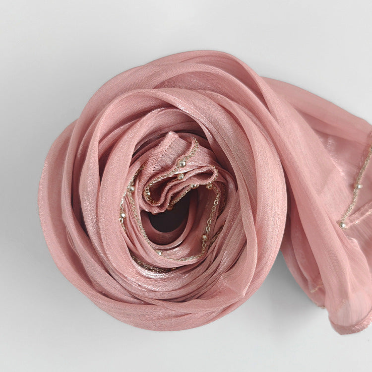Shiny Satin Smooth Crepe Four-Sided Metal Chain Headscarf High-End Malay Middle Eastern Headscarf Arab