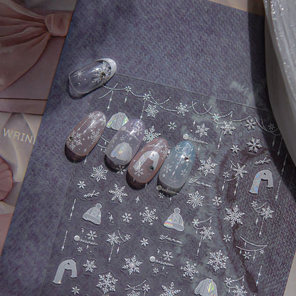 Winter Christmas Sweater Nail Stickers with Snowflake & Pearl Shell Glow - 3D Knit Texture Transparent Nail Decals for Holiday Parties, Festive Winter Manicure Designs