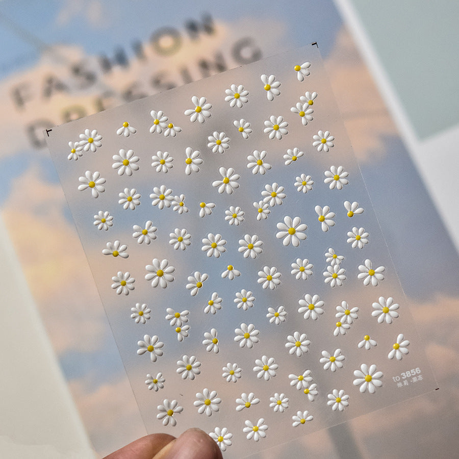 Vintage White Daisy Jelly Nail Stickers - 3D Translucent Floral Nail Art Decals with Pearl Accents, Retro Spring Design for Women, Salon-Quality Manicure