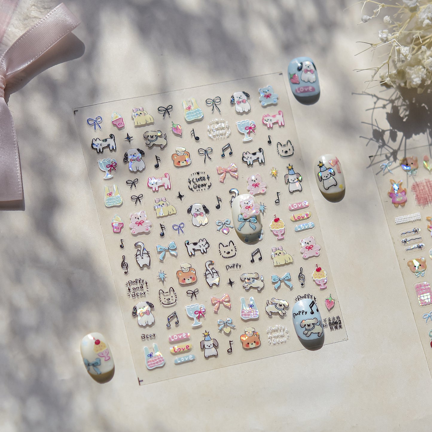 Kids Cartoon Doodle Nail Stickers with Iridescent Shell Glow - Fun Animal & Shape Designs, Non-Toxic Nail Decals for Children, Easy Peel-off Nail Art for Girls & Boys