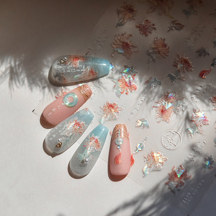 Embossed Nail Stickers Pink Empress Chrysanthemum Nail Stickers Mixed Style