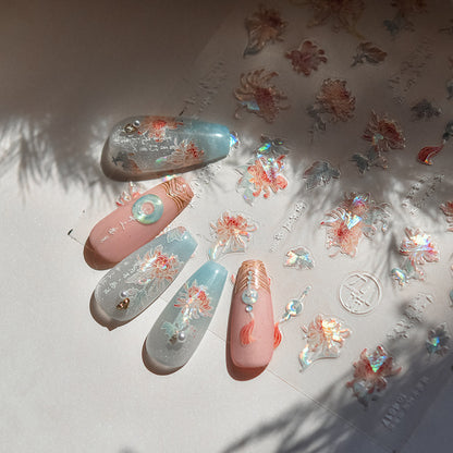 Embossed Nail Stickers Pink Empress Chrysanthemum Nail Stickers Mixed Style