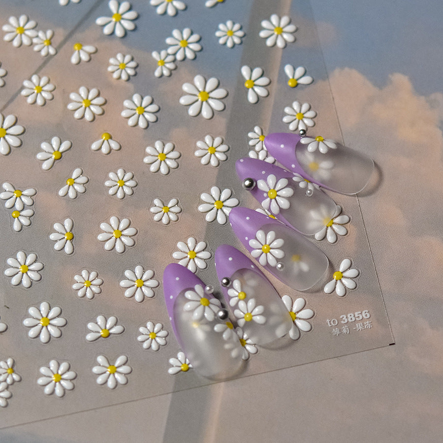 Vintage White Daisy Jelly Nail Stickers - 3D Translucent Floral Nail Art Decals with Pearl Accents, Retro Spring Design for Women, Salon-Quality Manicure