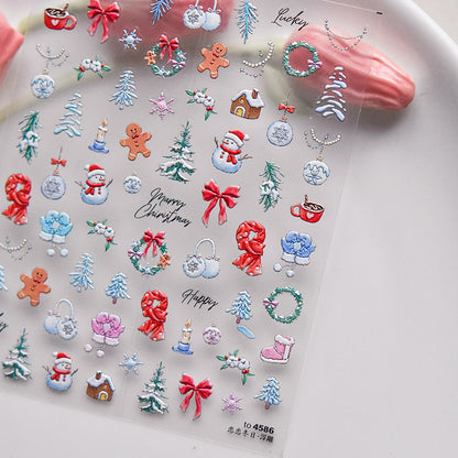 Winter Romance Christmas Embossed Nail Stickers - 3D Holiday Nail Art Decals with Snowflake, Reindeer & Santa Designs, Festive Christmas Manicure for Holiday Parties