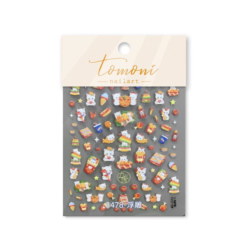 Adorable Hamburger Puppy 3D Embossed Nail Stickers - Fun Food & Animal Themed Nail Art Decals with Cute Character Designs for Women and Girls