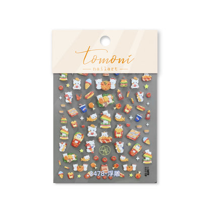Adorable Hamburger Puppy 3D Embossed Nail Stickers - Fun Food & Animal Themed Nail Art Decals with Cute Character Designs for Women and Girls