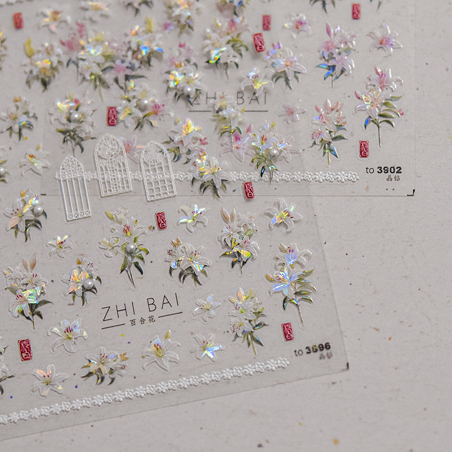Vintage Lily Crystal Nail Stickers - Elegant 3D Floral Nail Art Decals with Sparkling Rhinestones