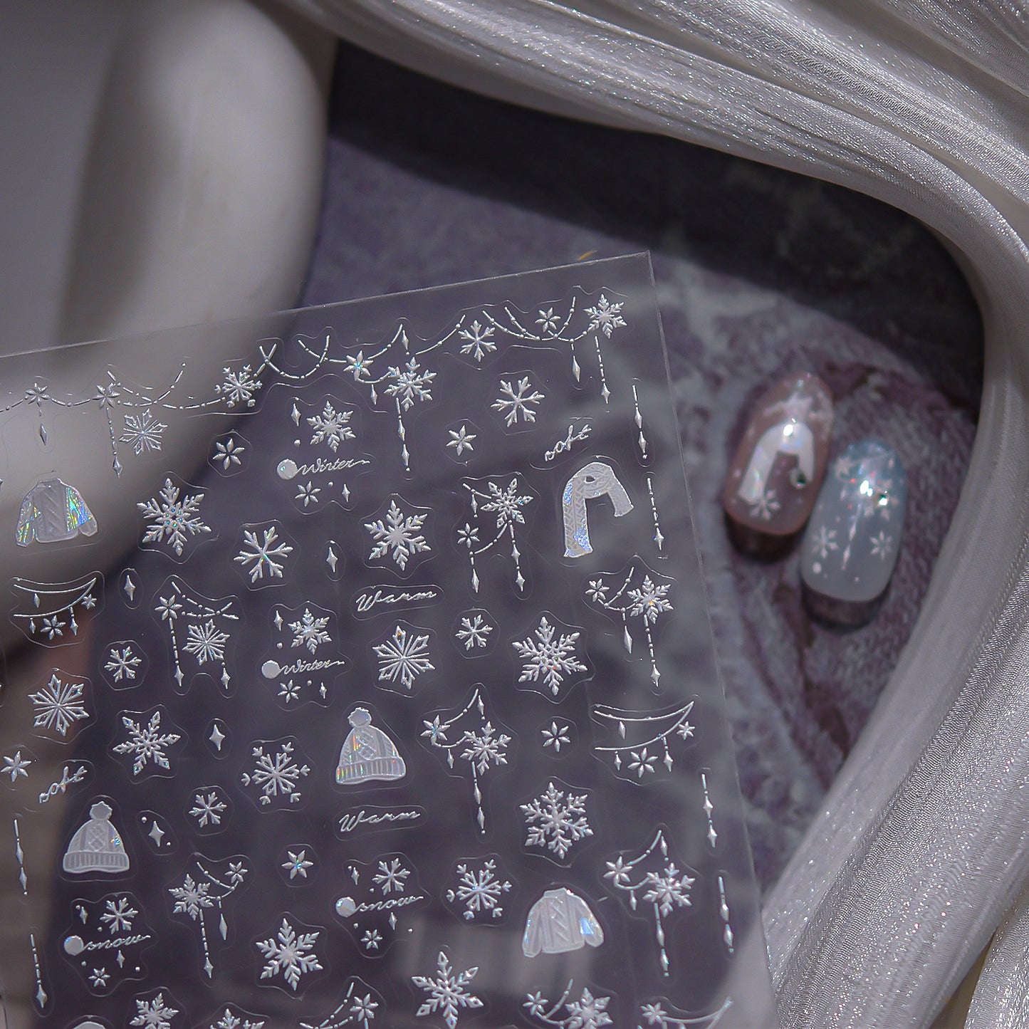 Winter Christmas Sweater Nail Stickers with Snowflake & Pearl Shell Glow - 3D Knit Texture Transparent Nail Decals for Holiday Parties, Festive Winter Manicure Designs