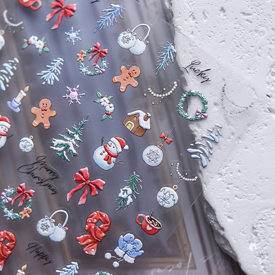 Winter Romance Christmas Embossed Nail Stickers - 3D Holiday Nail Art Decals with Snowflake, Reindeer & Santa Designs, Festive Christmas Manicure for Holiday Parties