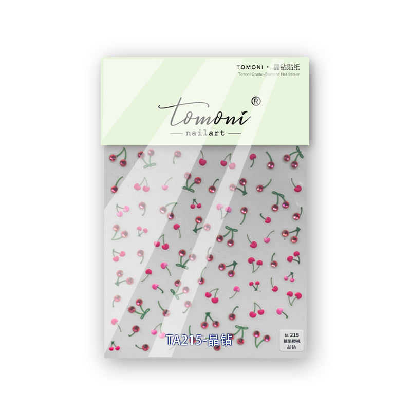 Adorable Cherry with Crystal Nail Stickers - 3D Sparkling Fruit Nail Art Decals with Jewel Accents, Sweet Summer Design for Women and Girls