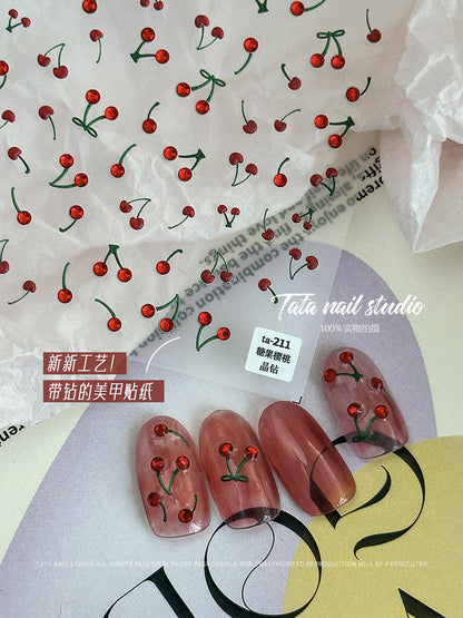 Adorable Cherry with Crystal Nail Stickers - 3D Sparkling Fruit Nail Art Decals with Jewel Accents, Sweet Summer Design for Women and Girls