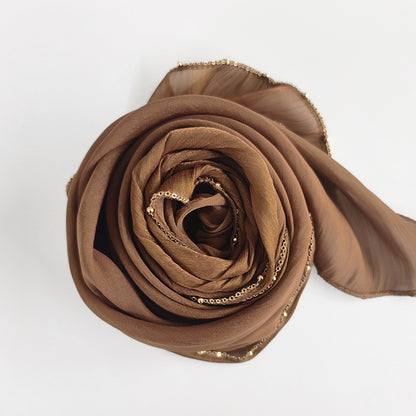 Shiny Satin Smooth Crepe Four-Sided Metal Chain Headscarf High-End Malay Middle Eastern Headscarf Arab
