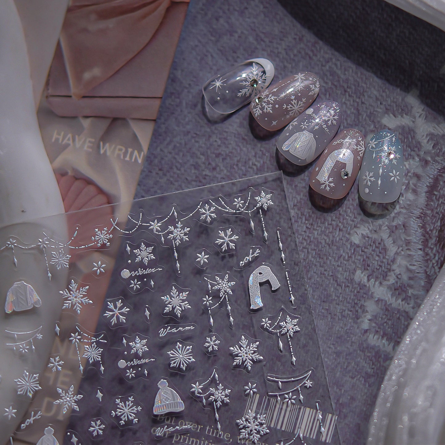 Winter Christmas Sweater Nail Stickers with Snowflake & Pearl Shell Glow - 3D Knit Texture Transparent Nail Decals for Holiday Parties, Festive Winter Manicure Designs