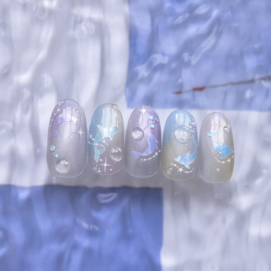 3D Glossy Dolphin Nail Stickers with Pearl Bubbles - Summer Water Light Nail Art Decals, Shimmering Ocean Theme Nail Designs with Shell Glow Effect