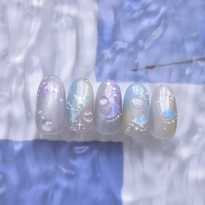 3D Glossy Dolphin Nail Stickers with Pearl Bubbles - Summer Water Light Nail Art Decals, Shimmering Ocean Theme Nail Designs with Shell Glow Effect