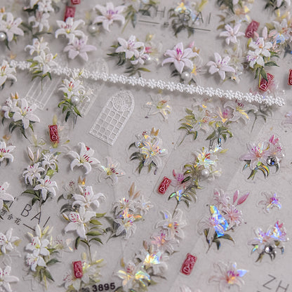Vintage Lily Crystal Nail Stickers - Elegant 3D Floral Nail Art Decals with Sparkling Rhinestones