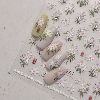 Vintage Lily Crystal Nail Stickers - Elegant 3D Floral Nail Art Decals with Sparkling Rhinestones