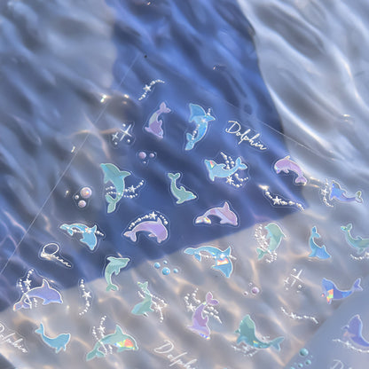 3D Glossy Dolphin Nail Stickers with Pearl Bubbles - Summer Water Light Nail Art Decals, Shimmering Ocean Theme Nail Designs with Shell Glow Effect
