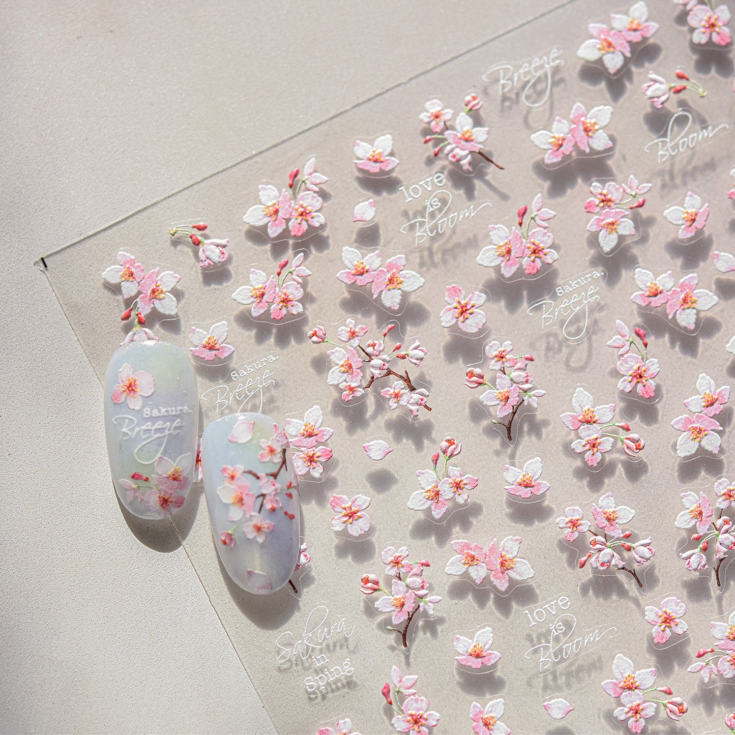 Embossed Nail Stickers Spring Outing Hot-Selling Cherry Blossom Soft Mist Pink Nail Stickers Spring Sakura Decorative Stickers
