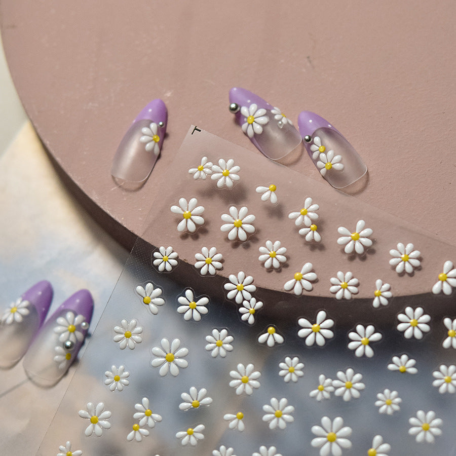 Vintage White Daisy Jelly Nail Stickers - 3D Translucent Floral Nail Art Decals with Pearl Accents, Retro Spring Design for Women, Salon-Quality Manicure
