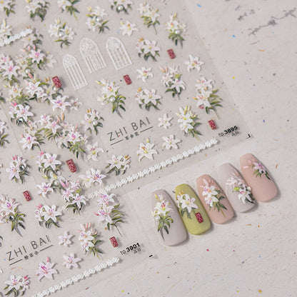 Vintage Lily Crystal Nail Stickers - Elegant 3D Floral Nail Art Decals with Sparkling Rhinestones