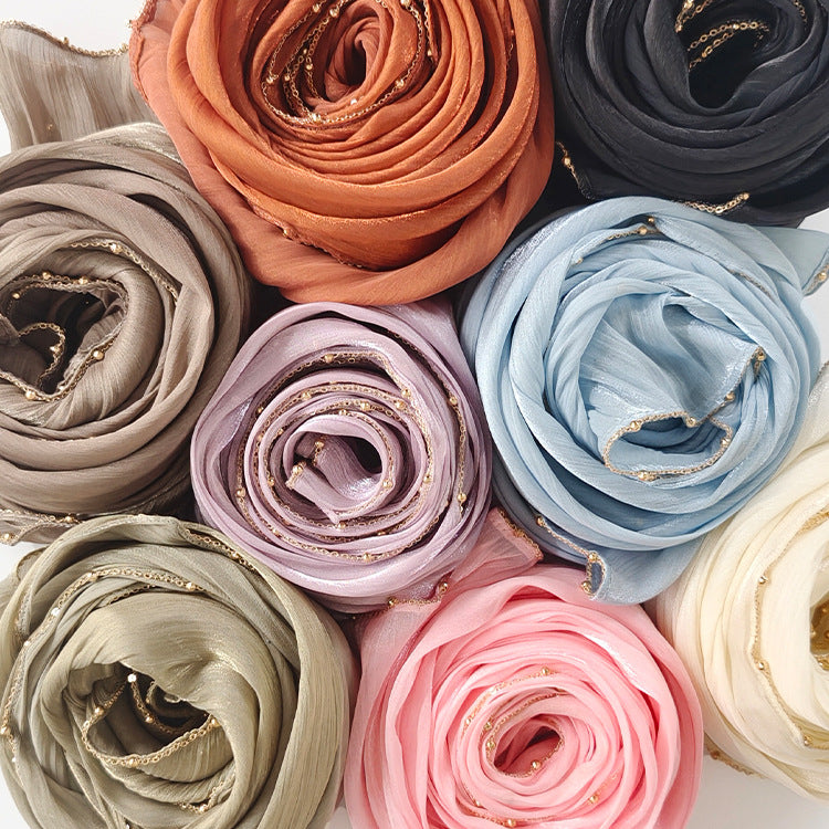 Shiny Satin Smooth Crepe Four-Sided Metal Chain Headscarf High-End Malay Middle Eastern Headscarf Arab
