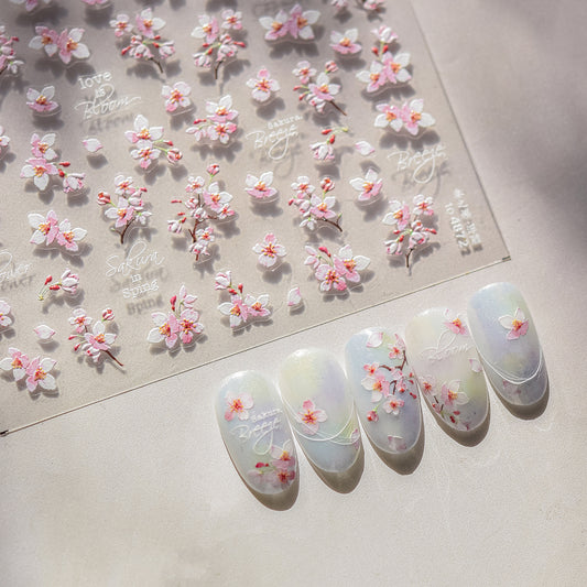 Embossed Nail Stickers Spring Outing Hot-Selling Cherry Blossom Soft Mist Pink Nail Stickers Spring Sakura Decorative Stickers