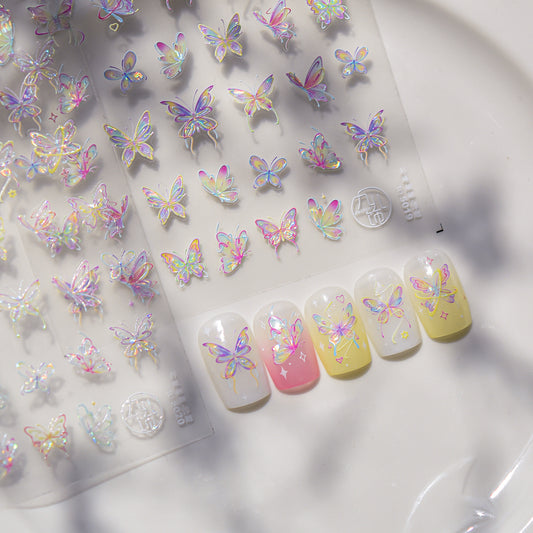 3D Colorful Butterfly Embossed Nail Stickers - Dimensional Flying Butterfly Nail Art Decals with Pearlescent Effects, Realistic Wing Textures for Women