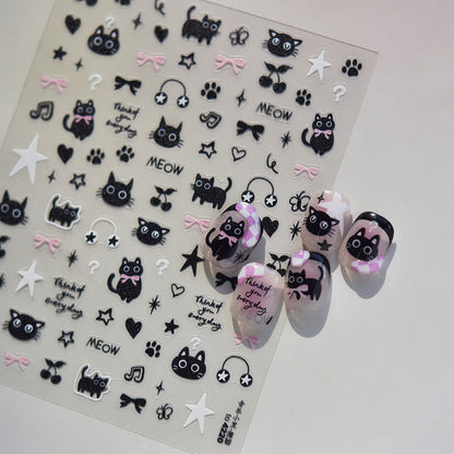 Adorable Black Cat Themed Nail Stickers - 30 PCS Thin yet Durable Flexible Nail Art Decals with Playful Kitty Designs for Women and Girls, Cute Animal Nail Decor