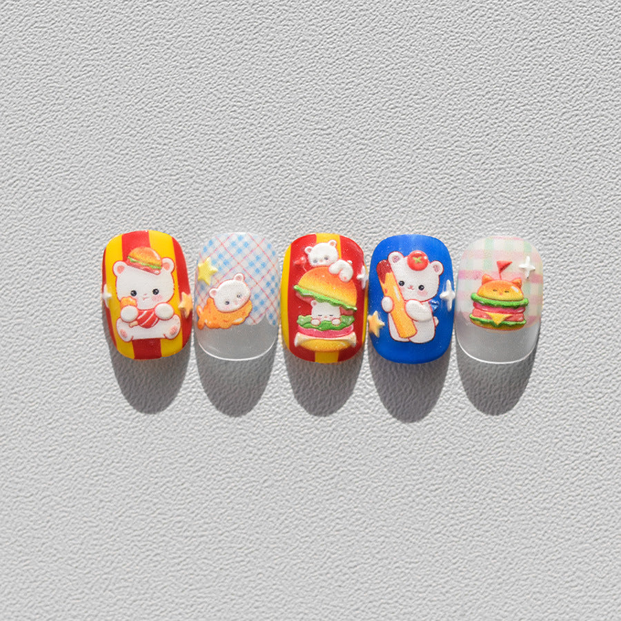 Adorable Hamburger Puppy 3D Embossed Nail Stickers - Fun Food & Animal Themed Nail Art Decals with Cute Character Designs for Women and Girls
