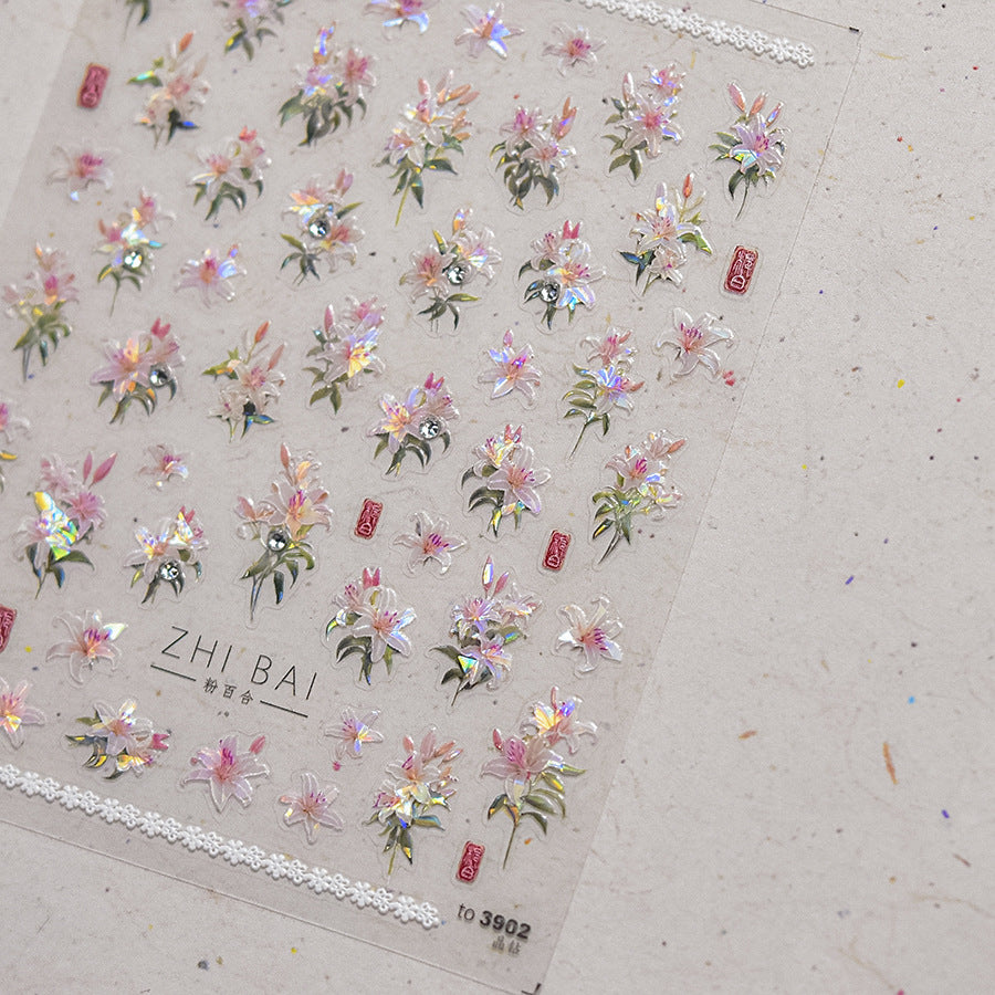 Vintage Lily Crystal Nail Stickers - Elegant 3D Floral Nail Art Decals with Sparkling Rhinestones