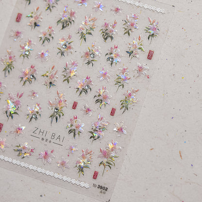 Vintage Lily Crystal Nail Stickers - Elegant 3D Floral Nail Art Decals with Sparkling Rhinestones