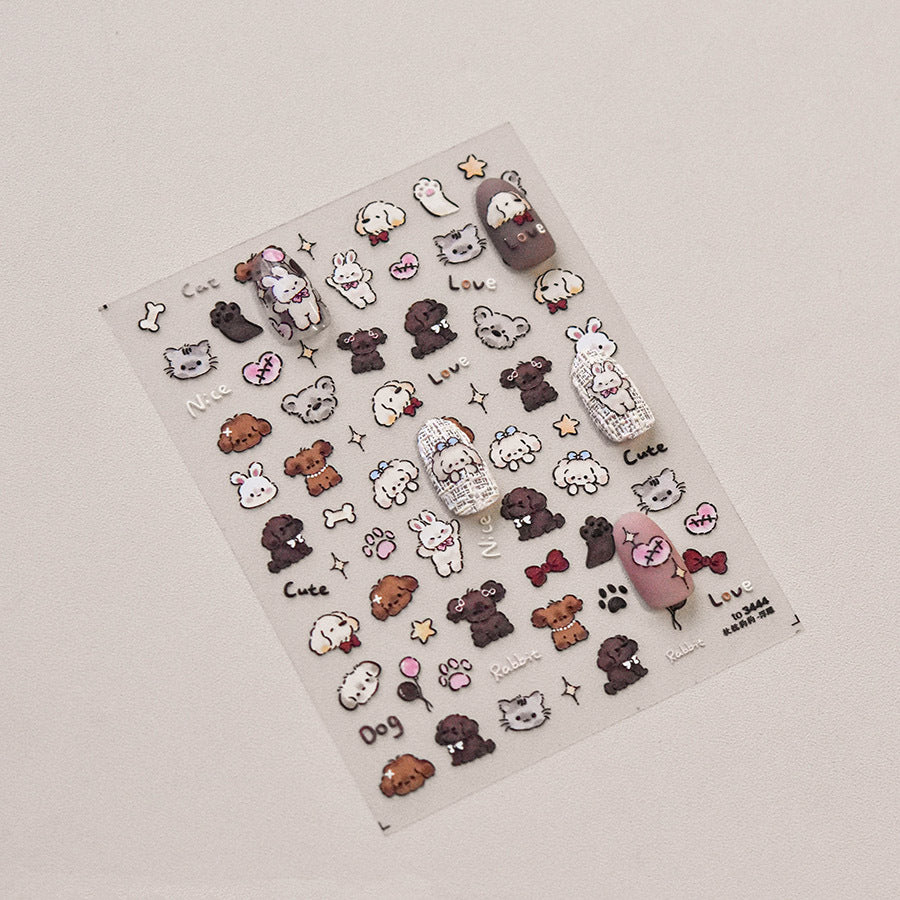 Adorable Hamburger Puppy 3D Embossed Nail Stickers - Fun Food & Animal Themed Nail Art Decals with Cute Character Designs for Women and Girls