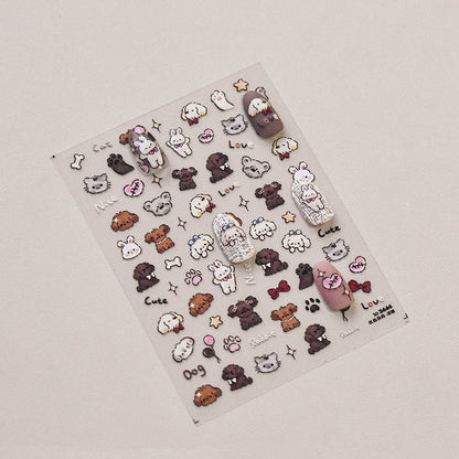Adorable Hamburger Puppy 3D Embossed Nail Stickers - Fun Food & Animal Themed Nail Art Decals with Cute Character Designs for Women and Girls