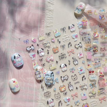 Kids Cartoon Doodle Nail Stickers with Iridescent Shell Glow - Fun Animal & Shape Designs, Non-Toxic Nail Decals for Children, Easy Peel-off Nail Art for Girls & Boys