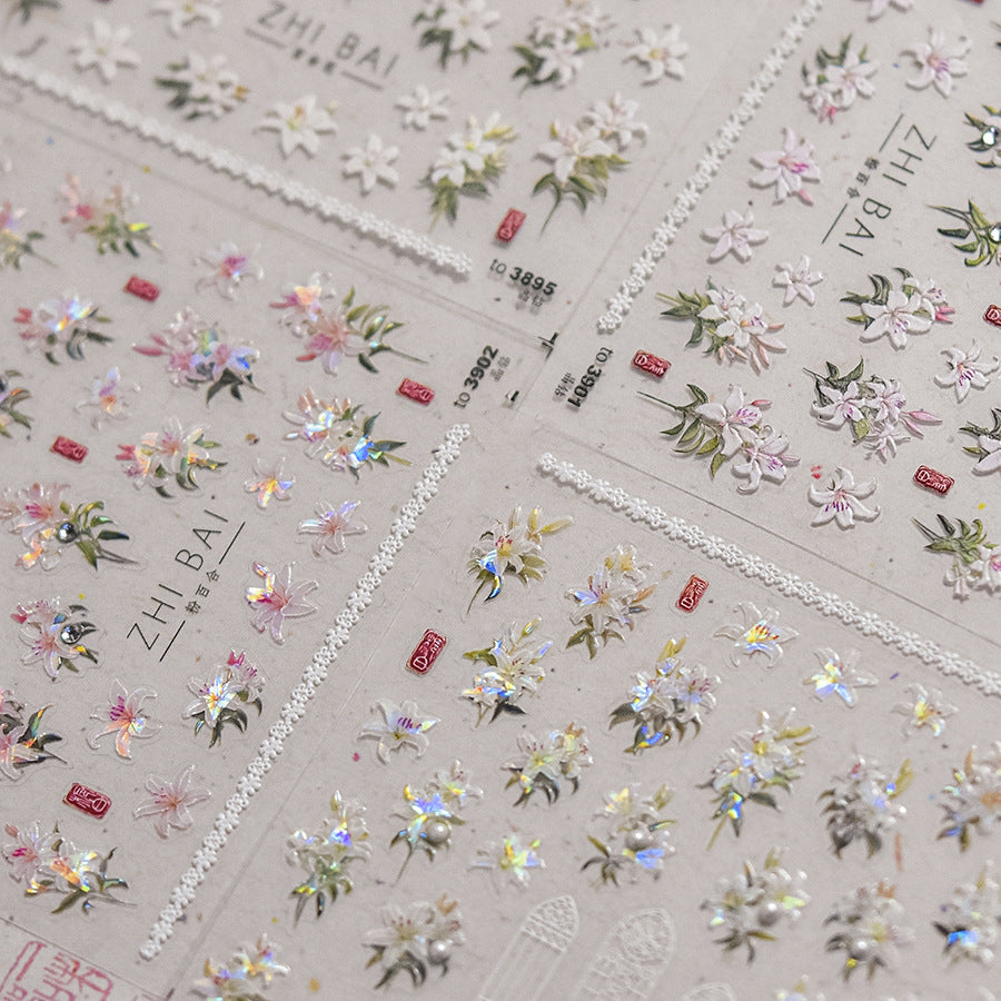 Vintage Lily Crystal Nail Stickers - Elegant 3D Floral Nail Art Decals with Sparkling Rhinestones