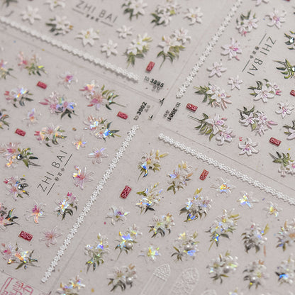 Vintage Lily Crystal Nail Stickers - Elegant 3D Floral Nail Art Decals with Sparkling Rhinestones