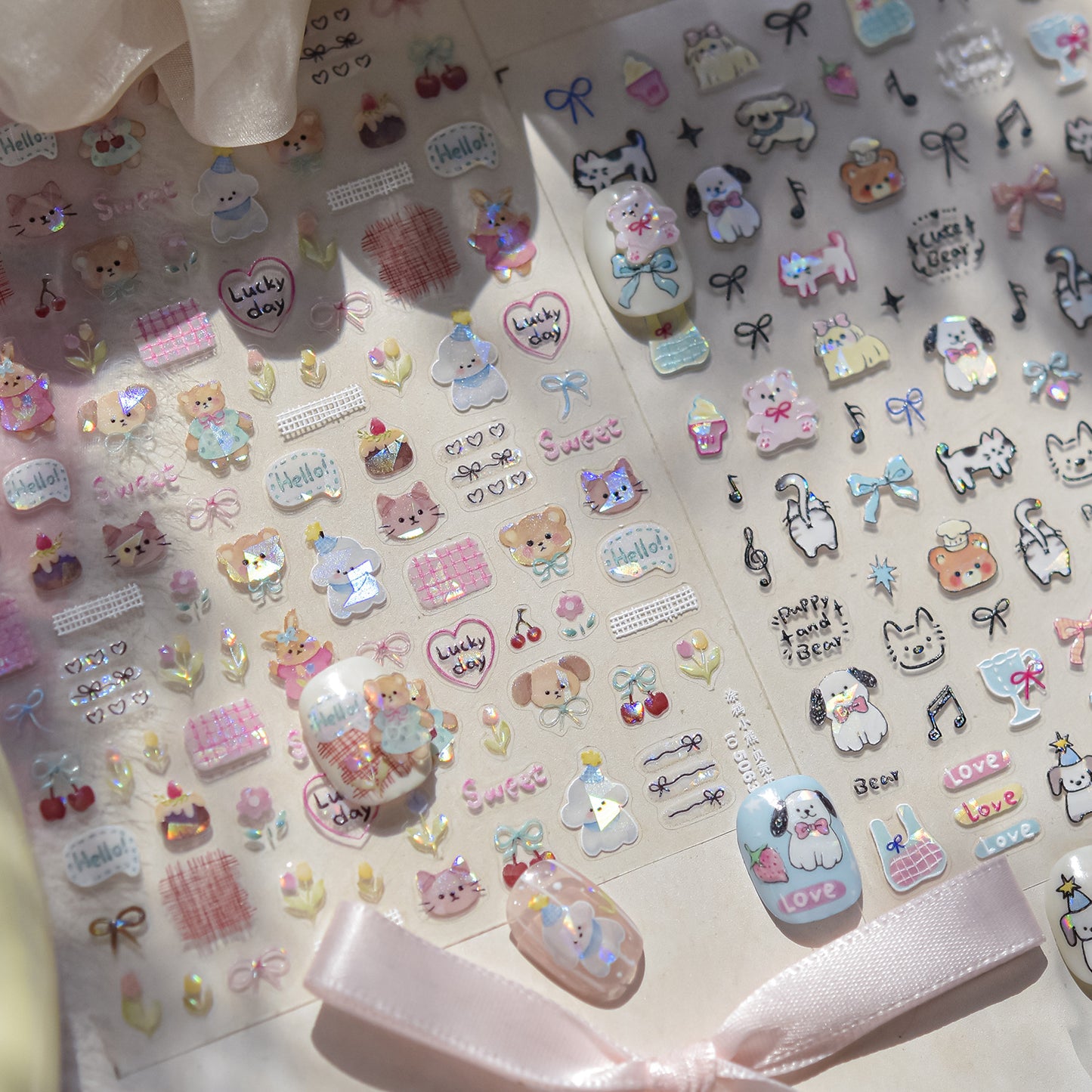 Kids Cartoon Doodle Nail Stickers with Iridescent Shell Glow - Fun Animal & Shape Designs, Non-Toxic Nail Decals for Children, Easy Peel-off Nail Art for Girls & Boys