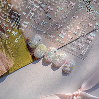 Pink Blue Bow Nail & Phone Stickers Set - Ultra Thin yet Durable Glossy Nail Art Decals and Phone Case Decor with 3D Effect, Cute Pastel Nail Designs for Women and Girls