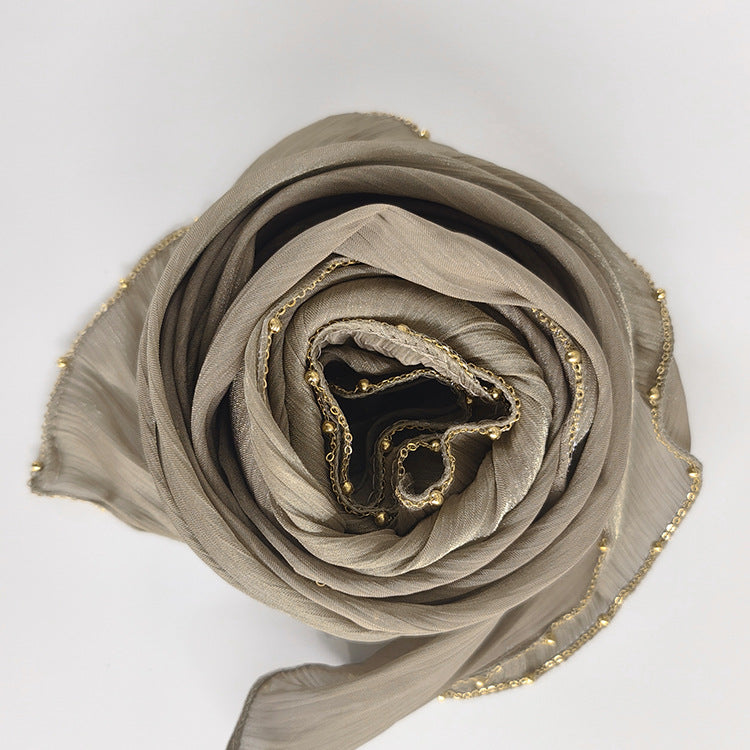 Shiny Satin Smooth Crepe Four-Sided Metal Chain Headscarf High-End Malay Middle Eastern Headscarf Arab