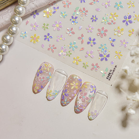 Spring Blossom Nail Stickers - Colorful Floral Nail Art Decals with Pearl Shell Glow, 3D Flower Designs with Iridescent Shine for Women, Seasonal Nail Decor